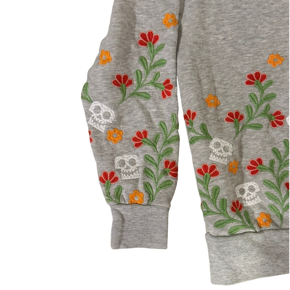 Disney Pixar Coco Skull Floral Embroidered Gray Sweatshirt Pullover SM - Picture 3 of 10